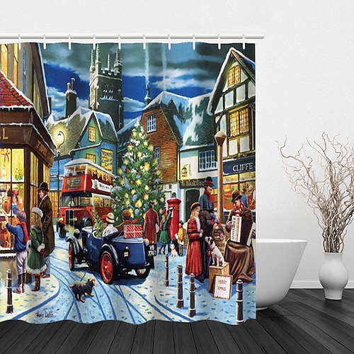 

Christmas Santa Shower Curtain Claus Christmas Tree Christmas Ball Snowman Christmas Household Bathroom Adornment Anti Water Bath Curtain Hook Modern Polyester Processing