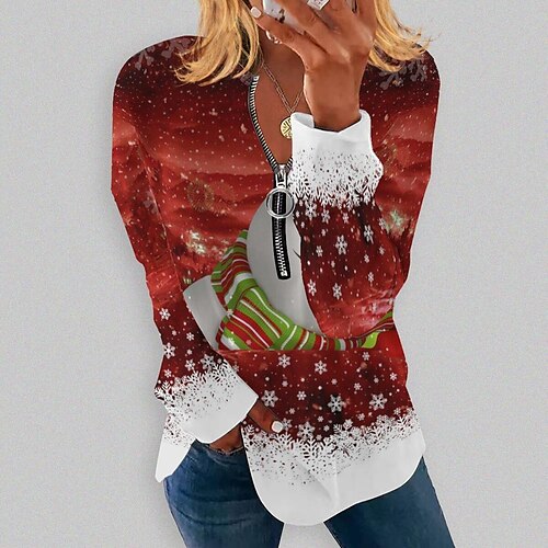

Women's Sweatshirt Pullover Streetwear Zipper 12305-yellow 12306-red 12303-light pink Snowman Snowflake Christmas V Neck Long Sleeve S M L XL 2XL 3XL
