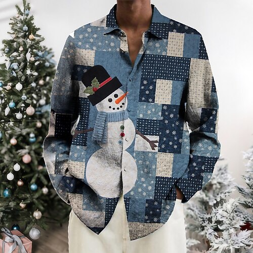 

Men's Shirt Color Block Snowman Turndown Black Blue Army Green Red Light Slate Gray 3D Print Outdoor Christmas Long Sleeve Button-Down Print Clothing Apparel Fashion Designer Casual Breathable