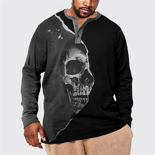 

Men's Plus Size Pullover Sweatshirt Big and Tall Graphic Henley Long Sleeve Spring & Fall Basic Fashion Streetwear Comfortable Casual Sports Tops / Skull