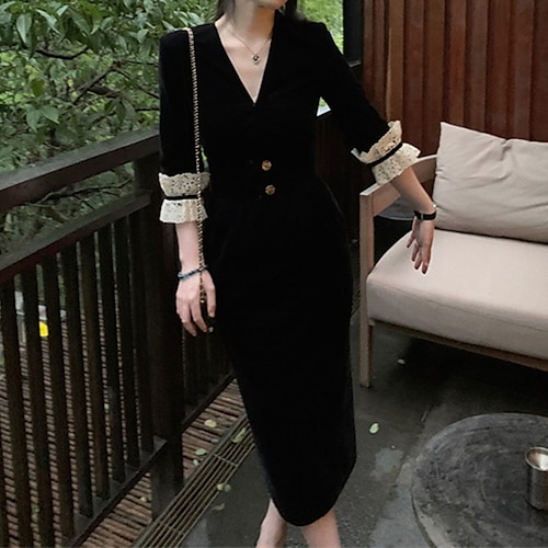 

Women's Velvet Dress Black Dress Midi Dress Black 3/4 Length Sleeve Color Block Embroidered Button Velvet Fall Winter V Neck Stylish Modern Mature 2022 S M L XL