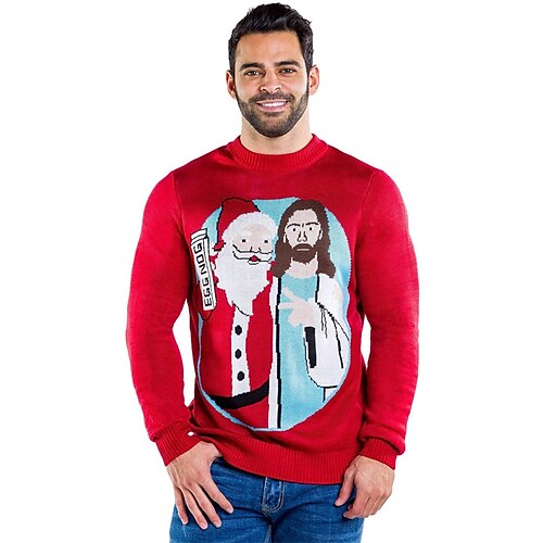 

Men's Sweater Ugly Christmas Sweater Pullover Sweater Jumper Ribbed Knit Cropped Knitted Santa Claus Crew Neck Keep Warm Modern Contemporary Christmas Work Clothing Apparel Fall & Winter Red S M L