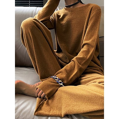 

Dame Loungewear Sæt Nighty 2 Dele Ren farve Mode Enkel Komfort Hjem Daglig Ferierejse Bomuld Rund hals Langærmet T-shirt Bukse Vinter Efterår Brun