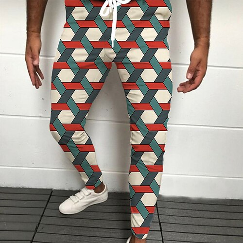 

Men's Joggers Trousers Casual Pants Drawstring Elastic Waist 3D Print Graphic Prints Geometry Comfort Casual Daily Streetwear Basic Fashion Red White Micro-elastic / Elasticity