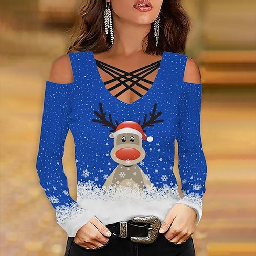 

Women's Shirt Deer Cut Out Print Long Sleeve Casual Holiday Basic V Neck Regular S