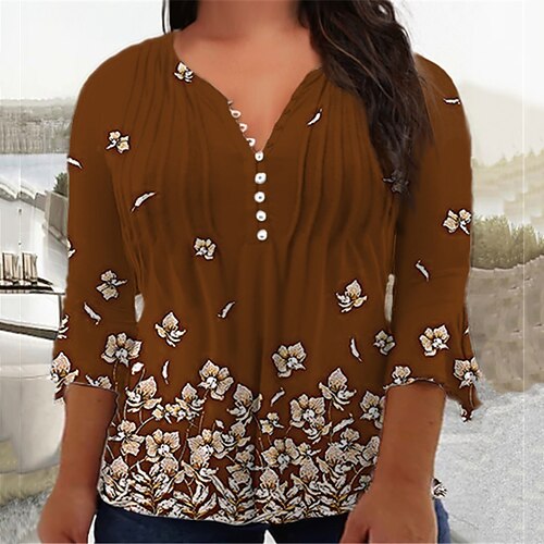 

Women's Plus Size Tops Blouse Shirt Floral Button Print 3/4 Length Sleeve V Neck Casual Daily Vacation Cotton Spandex Jersey Winter Fall Yellow Brown