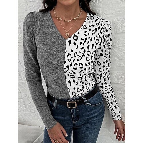 

Women's T shirt Tee Grey Leopard Color Block Print Long Sleeve Daily Weekend Basic V Neck Regular Painting S
