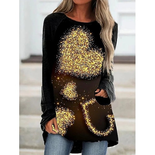 

Women's T shirt Tee Golden Heart Print Long Sleeve Casual Holiday Round Neck Regular S