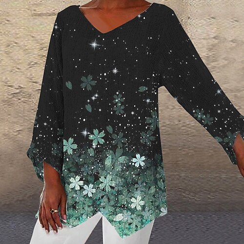 

Women's Shirt Green Blue Pink Floral Asymmetric Print Long Sleeve Holiday Weekend Streetwear Casual Round Neck Long Floral S