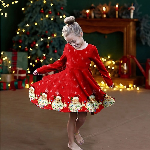 

Kids Girls' Christmas Dress Santa Claus Casual Dress Christmas Gifts Casual Crewneck Red Above Knee Long Sleeve Adorable Daily Dresses Christmas Winter Fall Regular Fit 2-13 Years