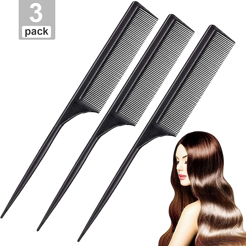 

3 Pack Tail Comb Carbon Fiber Rat Tail Comb Set Heat Resistant Anti Static Styling Tail Comb for Hair Women Back Combing Root Teasing Adding Volume (Black)
