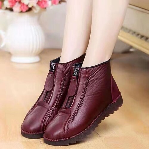 

Mulheres Botas Sapatos Confortáveis Ao ar livre Diário Botas Botas Tornozelo Inverno Sem Salto Salto Baixo Ponta Redonda Vintage Casual Minimalismo Pele PU zíper Cor Sólida Preto Vermelho