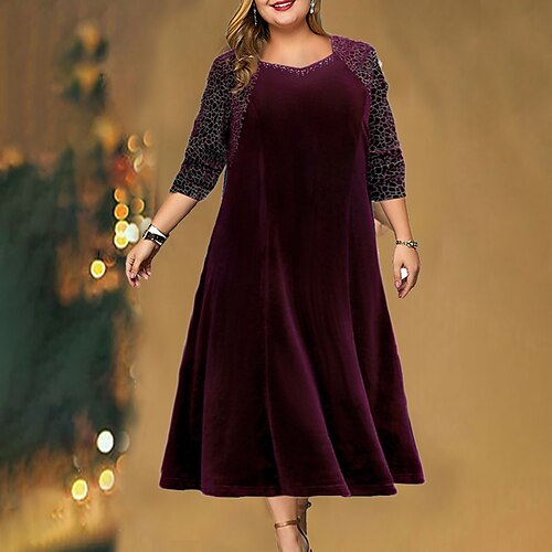 

vestido de fiesta de talla grande para mujer color sólido cuello redondo manga 3/4 primavera otoño casual maxi vestido largo fiesta causal vestido / terciopelo / vestido de terciopelo