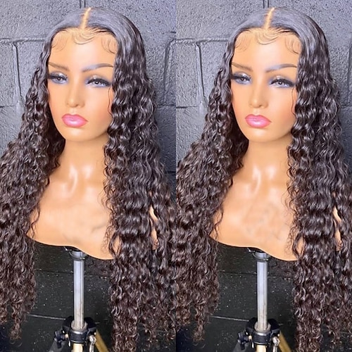 

Unprocessed Virgin Hair 13x4 Lace Front Wig Free Part Brazilian Hair Curly Water Wave Black Wig 130% 150% Density with Baby Hair Natural Hairline 100% Virgin Pre-Plucked Bleached Knots For wigs for