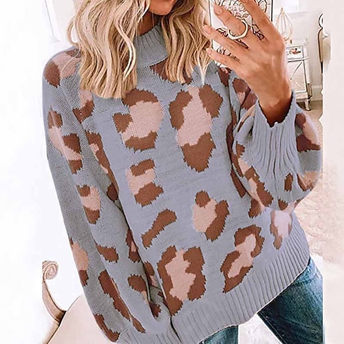 

Women's Pullover Sweater jumper Jumper Ribbed Knit Knitted Leopard Crew Neck Stylish Casual Outdoor Daily Winter Fall Coffee Gray S M L / Long Sleeve / Holiday / Regular Fit / Going out