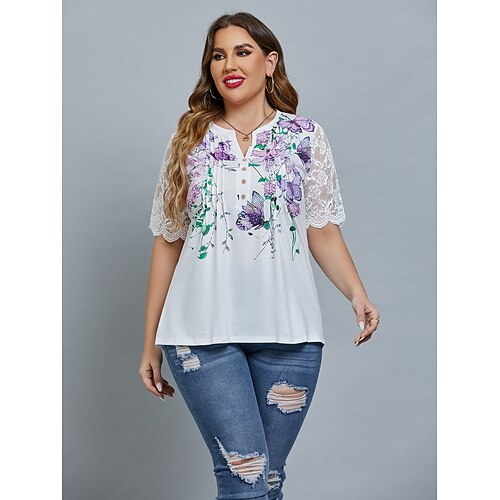 

Women's Plus Size Curve Tops T shirt Tee Floral Butterfly Ruched Print Half Sleeve V Neck Basic Vacation Weekend Cotton Spring Summer White
