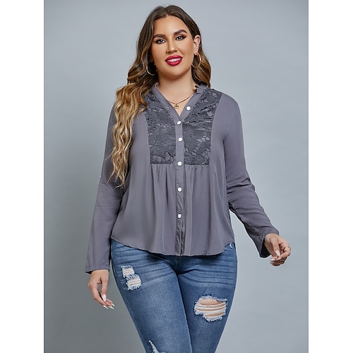 

Women's Plus Size Tops Tunic Shirts Shirt Plain Lace Lace Trims Long Sleeve V Neck Basic Daily Weekend Cotton Winter Fall Gray