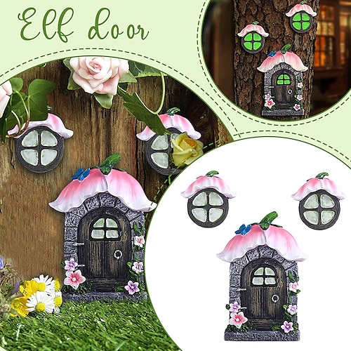 

Pink Flower Fairy House Door Windows Decor Set of 3 Resin Miniature Figurine for Home Garden Outdoor Decoration Accessories Glow In The Dark