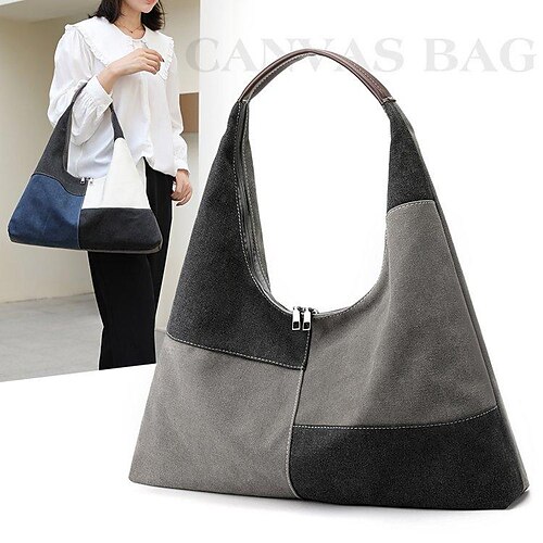 

2022 autumn and winter new shoulder bag women's canvas bag large-capacity contrast color stitching europe and the united states fashion casual wild foreign trade