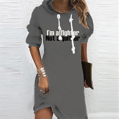

Women's Hoodie Dress Winter Dress Mini Dress Gray Long Sleeve Letter Print Winter Fall Hooded Vacation Casual Fall Dress 2022 S M L XL XXL 3XL