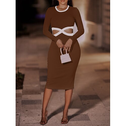 

Women's Bodycon Midi Dress Black Brown Beige Long Sleeve Pure Color Hollow Out Winter Fall Crew Neck Hot Party Slim Boom Sale Dress S M L XL
