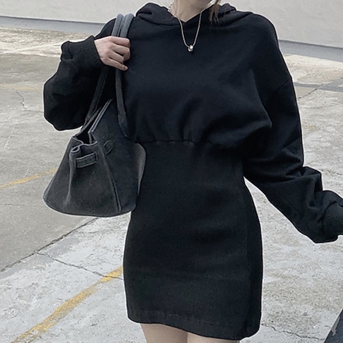 

Women's Hoodie Dress Winter Dress Black Long Sleeve Pure Color Ruched Winter Fall Hooded Casual Fall Dress Loose Fit 2022 S M L XL XXL 3XL / Sheath Dress