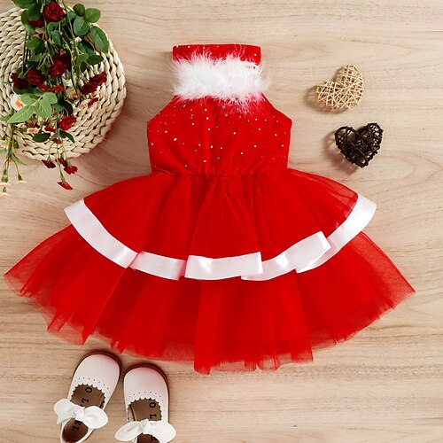 

Kids Girls' Christmas Dress Halter Neck Red A Line Dress Dress Performance Sleeveless Active Dress 3-7 Years Winter Red