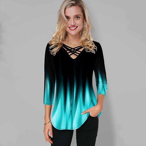 

Women's Shirt Green Red White Color Gradient Print Long Sleeve Casual Basic V Neck Regular S