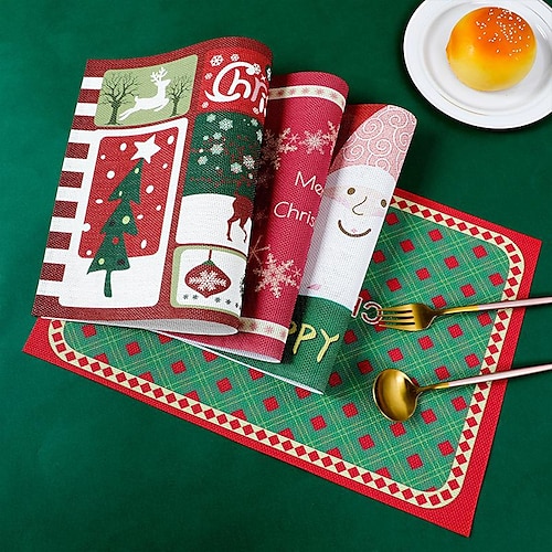 

Christmas PVC Table Mat Embroidered Santa Claus Placemat Napkin Holiday Napkin Pad Insulation Table Mat 1PC