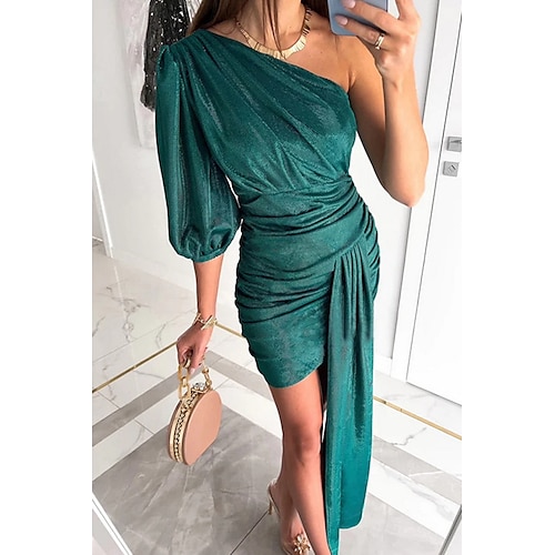 

Women's Party Dress Sheath Dress Mini Dress Green Dusty Rose Half Sleeve Pure Color Ruched Winter Fall Autumn One Shoulder Party 2022 S M L XL