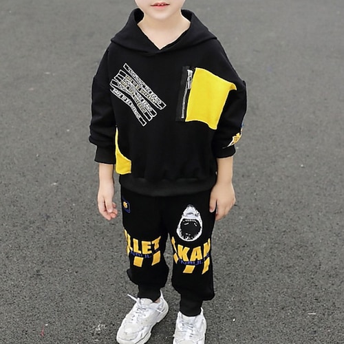 

2 Pieces Kids Boys Hoodie & Pants Clothing Set Outfit Letter Long Sleeve Set Vacation Cool Casual Winter Fall 2-8 Years Yellow Red