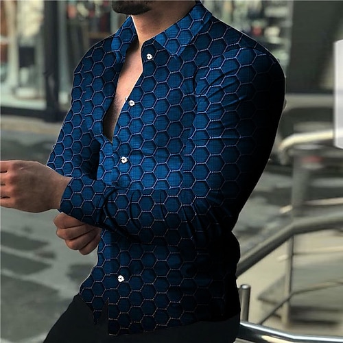 

Men's Shirt Optical Illusion Abstract Graphic Prints Turndown Blue 3D Print Outdoor Street Long Sleeve Button-Down Print Clothing Apparel Fashion Designer Casual Breathable