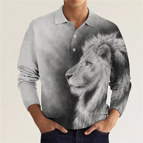 

Men's Collar Polo Shirt Golf Shirt Animal Lion Graphic Prints Turndown Gray 3D Print Outdoor Street Long Sleeve Button-Down Print Clothing Apparel Fashion Designer Casual Soft