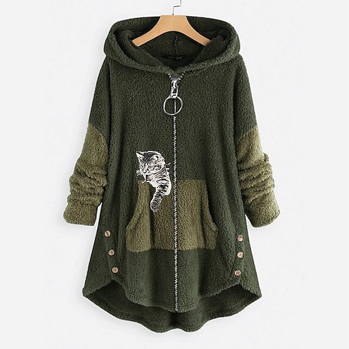 

Women's Hoodie Sweatshirt Pullover Pullover Sherpa Fleece Teddy Zip Up Front Pocket Green Pink Dark Grey Cat Street Hoodie Long Sleeve Fleece S M L XL XXL 3XL / Fleece lined