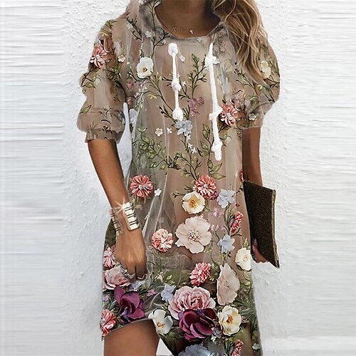 

Women's Hoodie Dress Winter Dress Khaki Long Sleeve Floral Print Winter Fall Hooded Vacation Casual Fall Dress 2022 S M L XL XXL 3XL