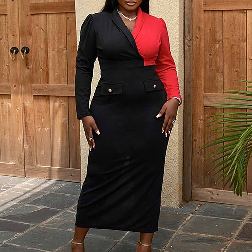 

Women's Plus Size Work Dress Color Block Shirt Collar Long Sleeve Fall Winter Work Elegant Formal Maxi long Dress Formal Work Dress Dress