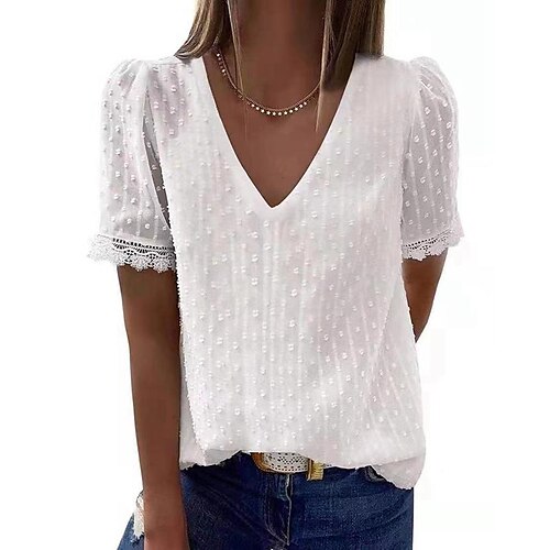 

Women's Shirt White Plain Lace Trims Short Sleeve Casual Basic V Neck Regular S