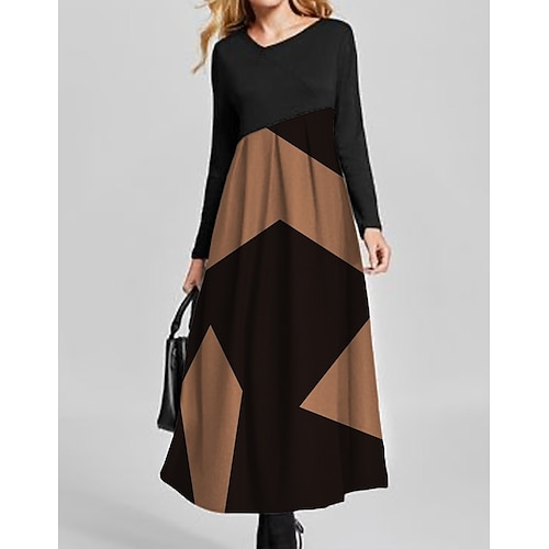 

Women's Swing Dress Long Dress Maxi Dress caramel Long Sleeve Geometric Ruched Patchwork Winter Fall V Neck Stylish Modern Fall Dress 2022 S M L XL XXL 3XL / Winter Dress