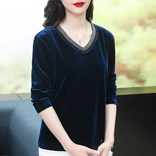 

Women's T shirt Tee Velvet Solid / Plain Color Elegant & Luxurious V Neck Regular Winter claret Dark Green Royal Blue