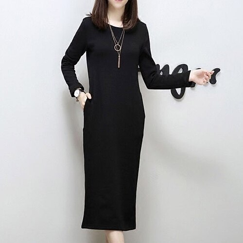 

Women's Sweatshirt Dress Winter Dress Midi Dress Black Dark Gray Long Sleeve Pure Color Pocket Winter Fall Crew Neck Casual Modern Fall Dress 2022 M L XL XXL 3XL 4XL 5XL / Black Dress