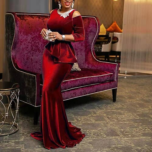 

Women's Formal Party Dress Velvet Dress Red Sheath Dress Long Dress Maxi Dress Wine Dark Blue Black 3/4 Length Sleeve Pure Color Ruched Winter Fall Crew Neck Elegant Slim 2023 S M L XL 2XL 3XL