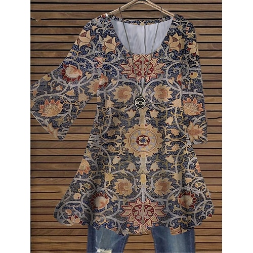 

Women's Plus Size Tops Blouse Shirt Floral Print 3/4 Length Sleeve Crewneck Vintage Casual Daily Holiday Cotton Spandex Jersey Fall Winter Blue
