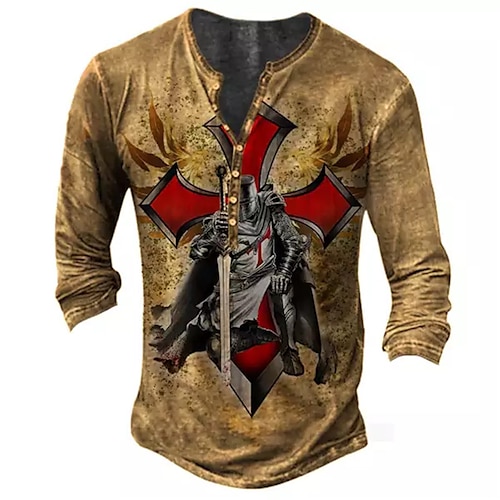 

Hombre Henley Shirt Camiseta Tee Graphic Cruz Templaria Henley Azul Marrón Negro Rojo Marrón Gris Impresión 3D Knight Talla Grande Exterior Diario Manga Larga Abotonar Estampado Ropa Básico Design