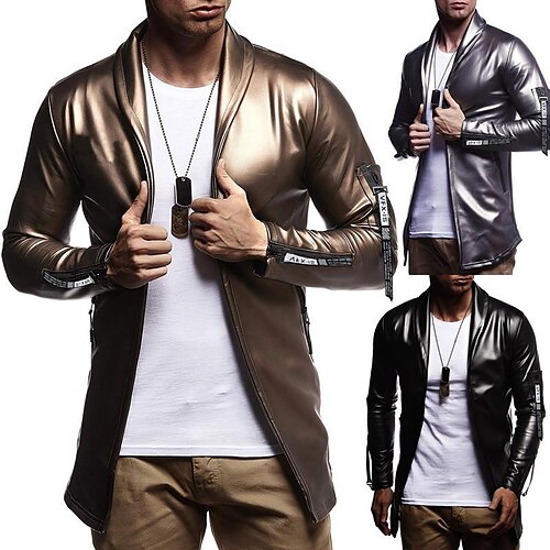 

Men's Faux Leather Jacket Durable Casual / Daily Daily Wear Vacation To-Go Zipper Turndown Faux Leather Comfort Leisure Jacket Outerwear Solid Color Pocket Silver Golden Black / Winter / Fall