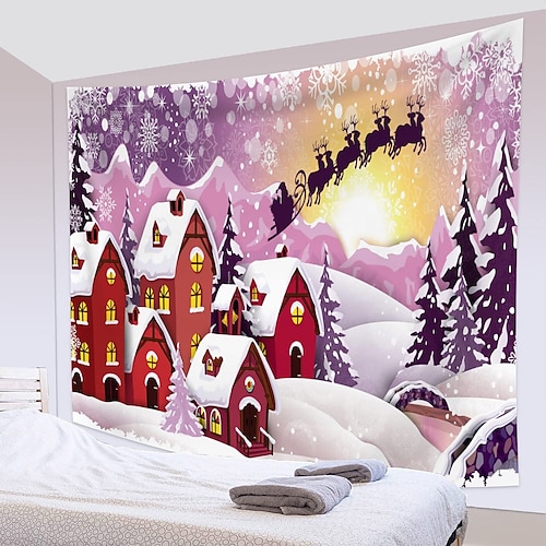 

Christmas Party Wall Tapestry Reindeer Holiday Art Decor Blanket Curtain Picnic Tablecloth Hanging Home Bedroom Living Room Dorm Decoration Snowhouse Fireplace Stocking Gift Polyester