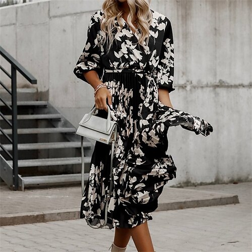 

Women's Casual Dress Swing Dress Midi Dress Black Purple Dark Blue Long Sleeve Lace up Winter Fall Autumn V Neck Winter Dress Weekend Fall Dress 2022 S M L XL 2XL