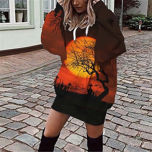 

Women's Hoodie Dress Winter Dress Orange Long Sleeve Print Pocket Print Winter Fall Hooded Casual Fall Dress Loose Fit 2022 S M L XL XXL 3XL / Halloween