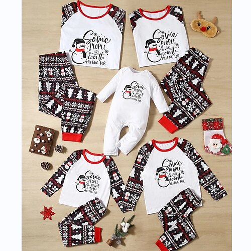 

Family Look Christmas Pajamas Letter Snowman Snowflake Home White Long Sleeve Basic Matching Outfits