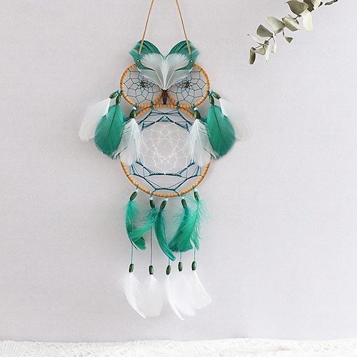 

Owl Shape Green Dream Catcher Three-ring Handmade Gift with White Green Feather Wall Hanging Decor Art Wind Chimes Boho Style Car Hanging Home Pendant
