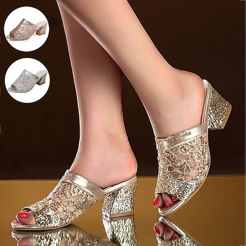 Women's Mules Heeled Mules Sparkly Sandals Daily Summer Sequin Chunky Heel Open Toe Casual Lace Faux Leather Loafer Solid Colored Silver Gold, lightinthebox  - buy with discount